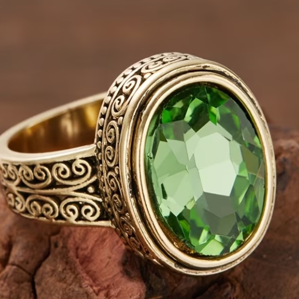 Gold-Tone Green Oval Synthetic Cubic Zirconia Ring - Women's Statement Jewelry